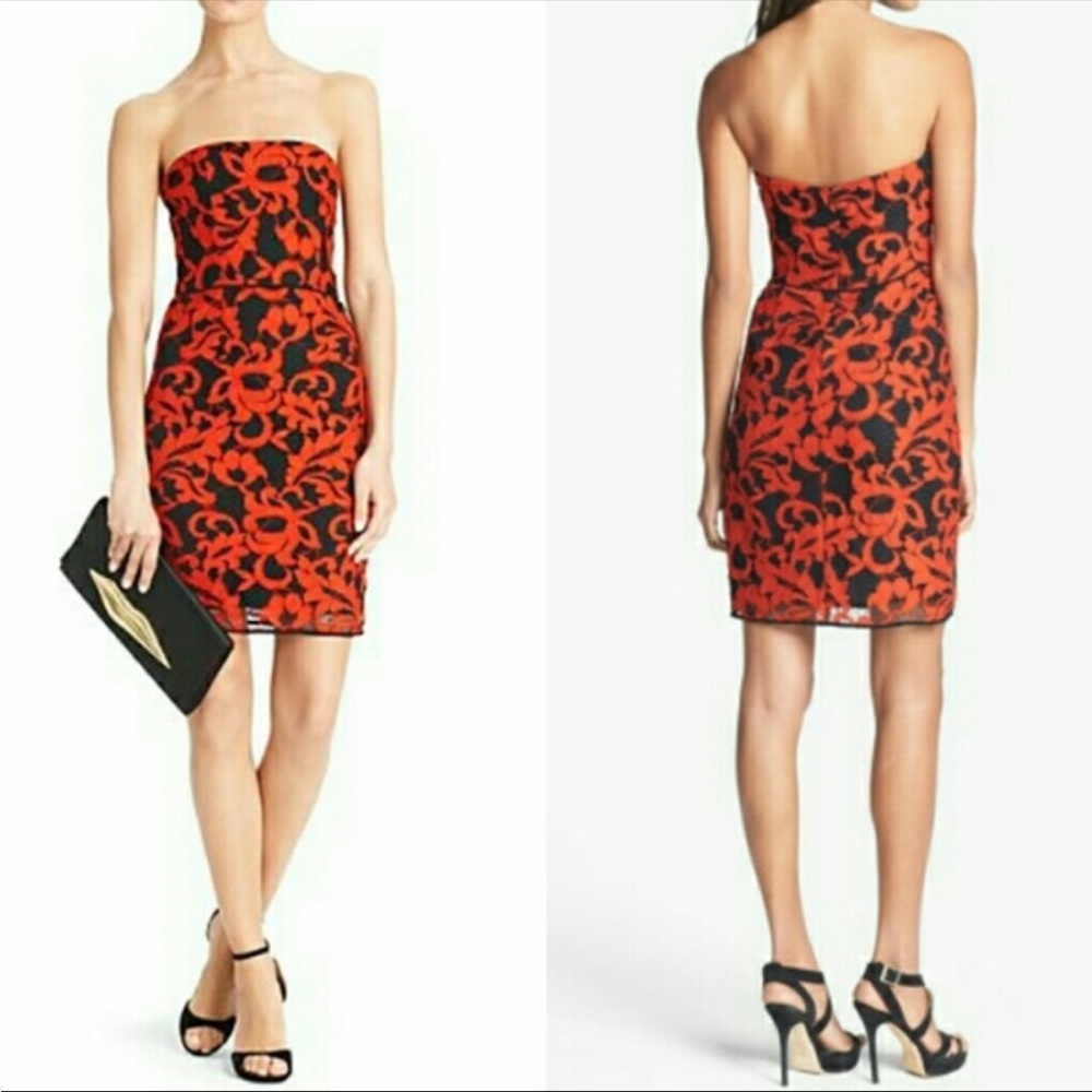 Diane von Furstenberg Strapless Red and Black Lace Walker Mini Dress, size 8